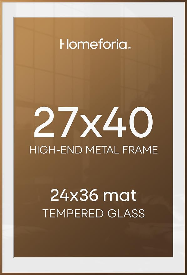 Homeforia 27x40 Picture Bronze Frame, High End Metal 27 x 40 Large Poster Frames with Mat 24 by 36 Photo, 27x40 Brass Movie Frame Matted to 24x36, 40x27 Thin Frames, Tempered Glass, Wall Kit, Set of 1