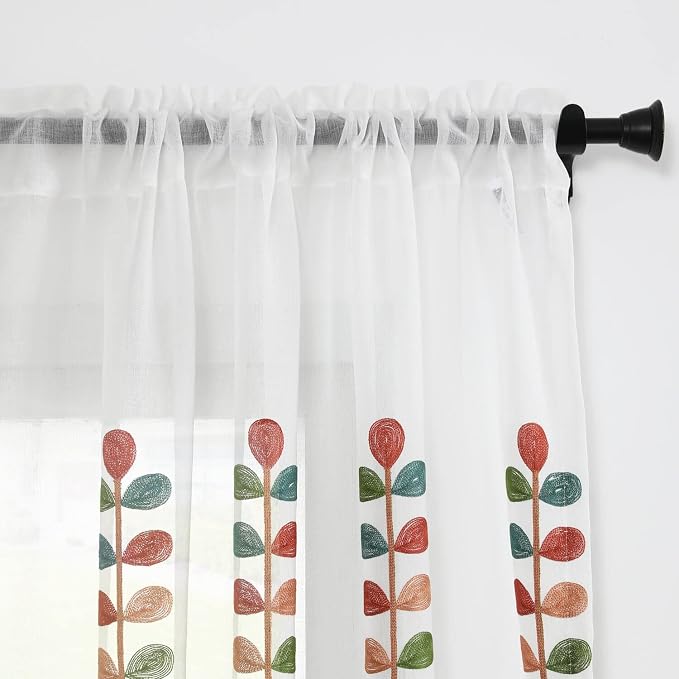 VOGOL Sheer Curtains 106 Inches Long, Colorful Leaves Embroidered White Sheer Rod Pocket Curtains for Living Room Bedroom, W60 X L106, 2 Pieces