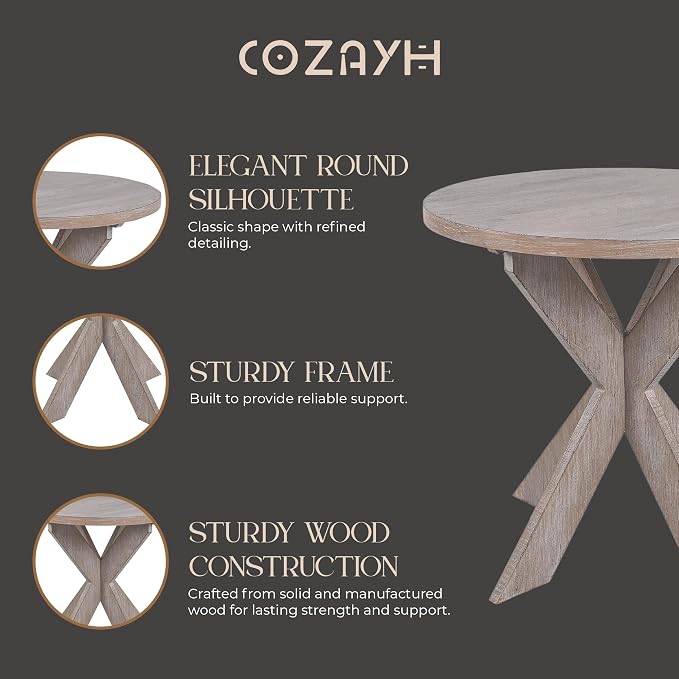 Farmhouse Cross Leg end Table, French Country Accent Side Table for Family, Dinning or Living Room, Small Spaces, Modern, Round, Vintage Grey Finish.