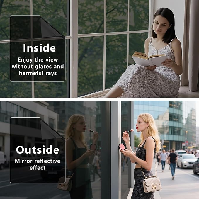 Lmlpt One Way Window Film Privacy See Out Not in Windows Tint for Home Sun UV Blocking Dark Glass Tinting Films Heat Insulation Self-Adhesive Mirror Door Coverings Sticker,Magic Black,46.8X78.7inch