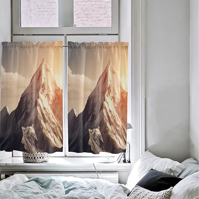 Kitchen Tier Curtains 45 inches Length, Mountains Natural Landscape Alps Window Curtains for Living Room Bath Cafe,Rod Pocket Light Filtering Drapes Short Half Window Treatment Tiers 2 Panels