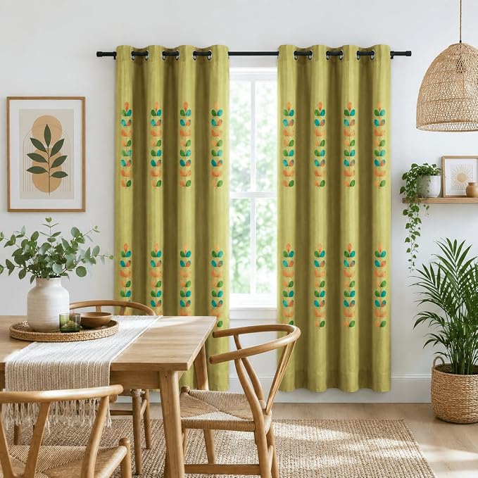 VOGOL Linen Curtains 63 Inch Length, Colorful Leaves Embroidered Kitchen Curtain, Top Grommet, 2 Panels, 52x63