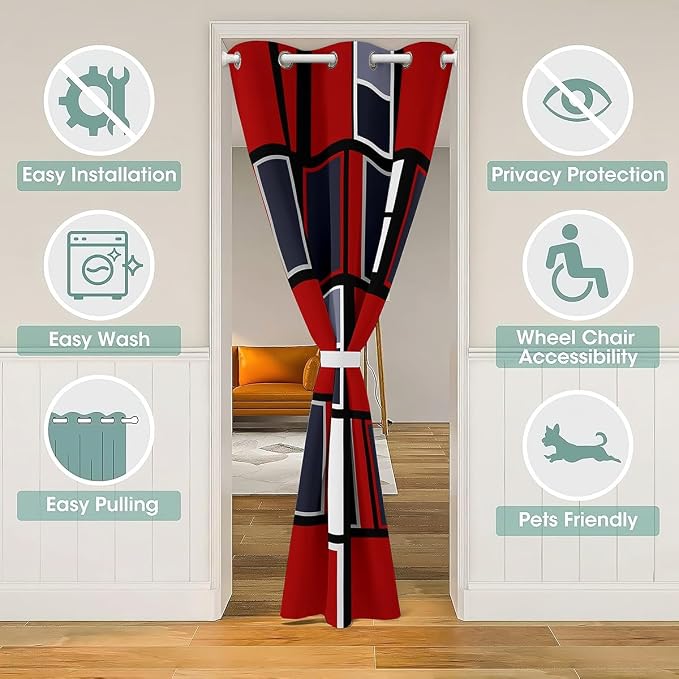 Feelyou Red Grey Geometric Door Curtain for Doorway Privacy 1 Panel, 59"x80" Red Grey Plaid Pattern Closet Door Cover Curtain for Bedroom Living Room Black Stripe Room Blackout Curtain Simple Fashion
