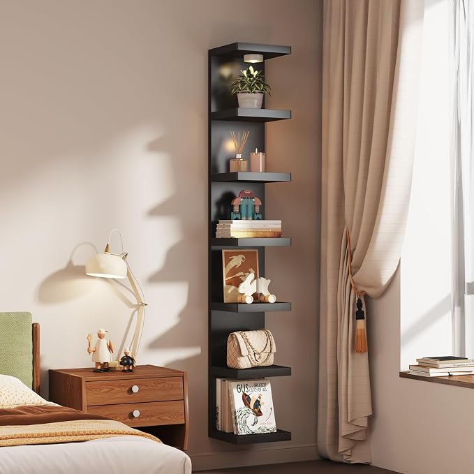 2 Pack-7 Tier Vertical Wall Shelf Unit with USB Rechargeable LED Light (Remote Controlled),Floating Lack Shelf,Versatile Display Shelves for Home Storage, Decor,Vanity-Black