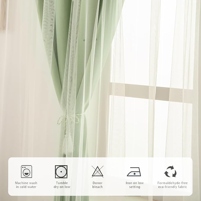 2 Panels Green Star Blackout Curtains 245 Inches Long, Privacy Light Filtering Cute Drapes for Kids Bedroom, Thick Grommet Double Layer Nursery Princess Curtains for Glass Door (52"W x 245"L)