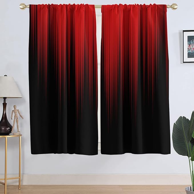 AAtter Red Black Window Curtains, Room Darkening, Extra Wide 52" W x 63" L | 2 Panels Gothic Rod Pocket Drapes, Abstract Modern High Precision Fabric, Burgundy Ombre Living Dining Decor for Men