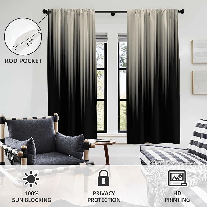 AAtter 100% Blackout Black Beige Window Curtains, Rod Pocket 42" W x 63" L | Dark Grey Ombre, Thermal Insulated Drapes, Modern Gothic Striped, Abstract Anime Style, 2 Panels Cool Bedroom Decor for Men