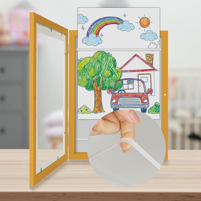 Kids Art Frames 9x12 - Front Opening Childrens Picture Frame Changeable, Wood Artwork Display Storage for Wall Mount, Magnetic Door Holds 50 Art Pieces for Drawings, 3D Picture, Crafts, Portfolio, Yellow