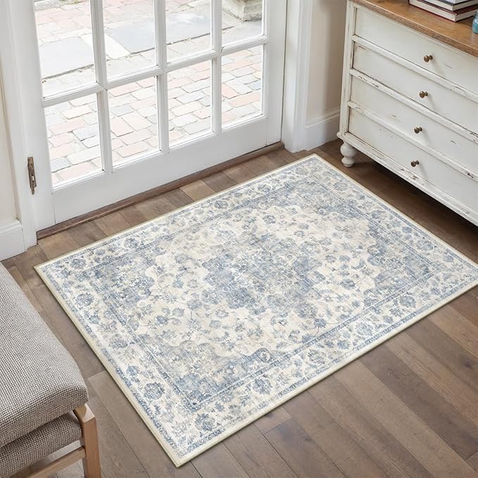 2x3 Washable Neutral Area Rug Blue Vintage Entryway Kitchen Carpet Non-Slip Soft Low Pile Farmhouse Indoor Small Throw Rug for Bedroom Bathroom Entrance