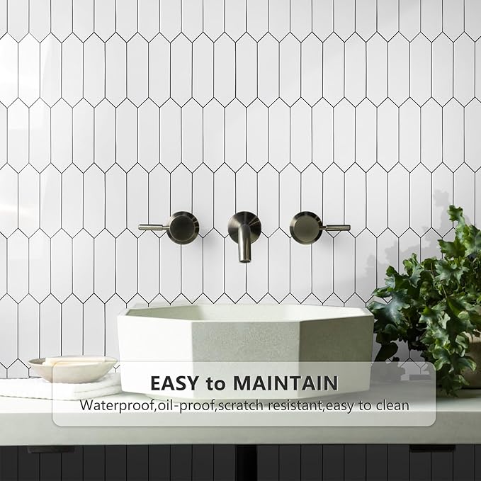 Vamos Tile 1 Sheet Glossy White Backsplash Tile Peel and Stick, 12.8 x 12.8 Inch Long Hexagon PVC Self Adhesive Mosaic Wall Tiles Stick on Backsplash for Kitchen and Bathroom