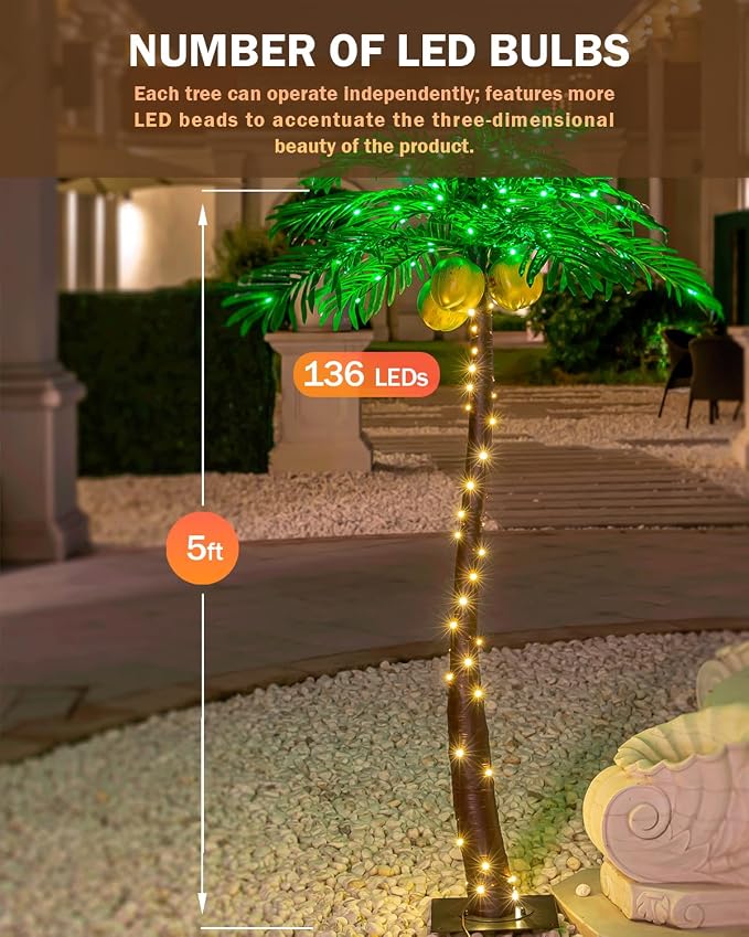 TYBEEU 5ft Lighted Palm Tree with 136 LED Lights & Glowing Coconuts | Dimmable | Decorative Artificial Tree | Indoor & Outdoor Use