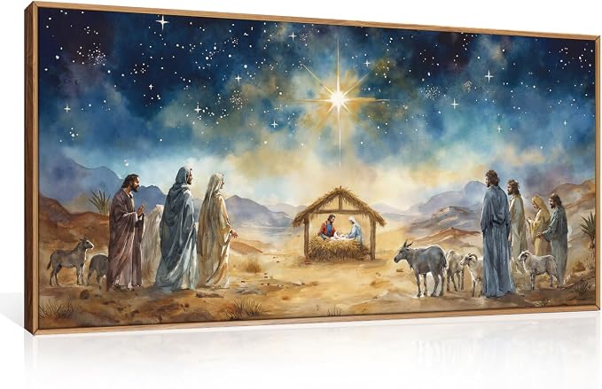 LHIUEM Large Bible Christian Religious Framed Canvas Wall Art Set,Birth of Jesus Nativity Wall Decor,Christmas Mary and Joseph Artwork for Living Room,Bedroom,Dining Room,Office -20"x40"x3