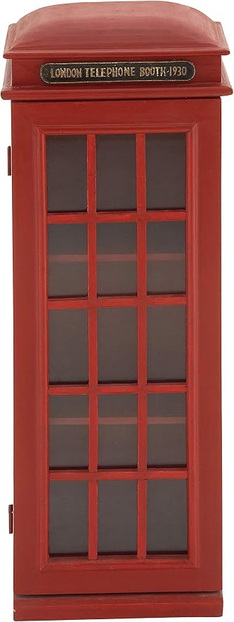 Deco 79 Wooden Vintage Telephone Booth Accent Cabinet, 11" x 9" x 30", Red | London telephone booth, storage cabinet, 3 shelves, red bookshelf