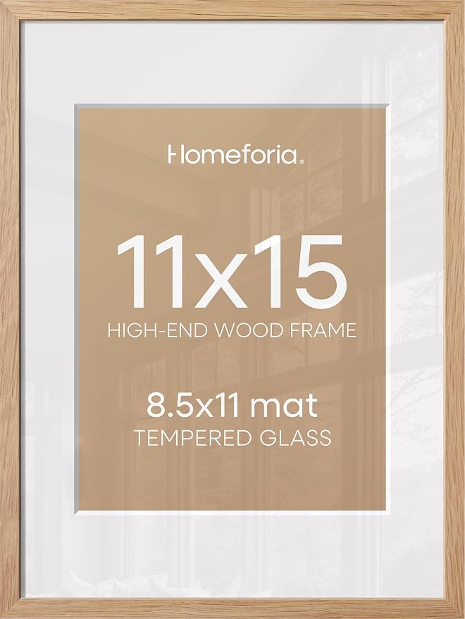 Homeforia 11x15 Picture Frame Wood, High End Natural Oak 11x15 Light Wooden Poster Frames with Mat 8.5x11, 11 x 15 Frame Matted to 8.5 x 11 Photo, 15x11 Thin Frames, Tempered Glass, Wall Kit, Set of 2