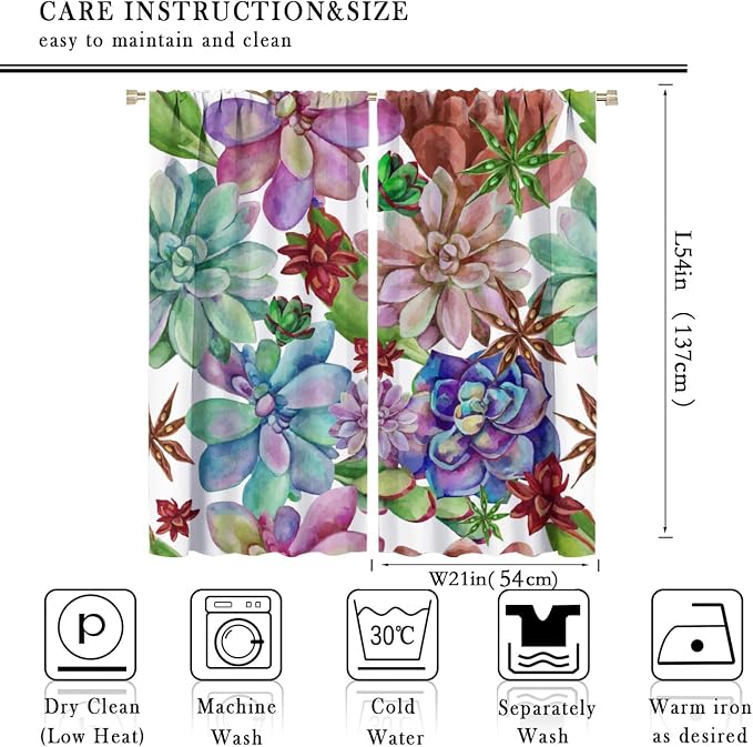 Succulents Tropical Plant Curtain Floral Boho Watercolor Summer Desert Botanical Vintage Garden for Home Kitchen Restaurant Decoration Drapes 2 Panels 42x54 Inch