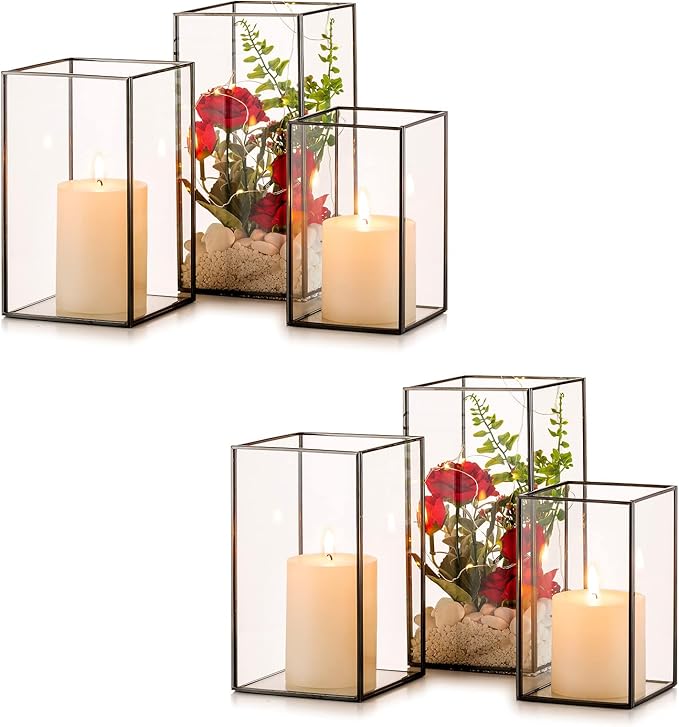 Nuptio Glass Candle Holders Hurricane Holder for Pillar Candles 6 Pcs Black Metal Candle Holders Large Rectangular Candleholder Vase Centerpieces Decoration for Wedding Fireplace 9.5 & 8.1 & 6.5 inch | Black Metal Candle Holders Large Rectangular Candl...