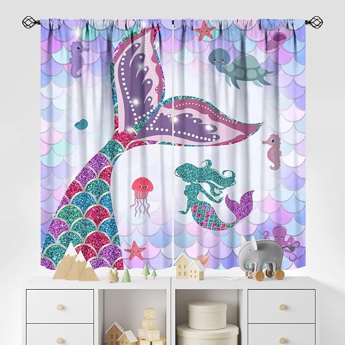 YCness Mermaid Curtains for Girls Bedroom Decor Fantasy Rainbow Colorful Cartoon Underwater Animals Art Printed Blackout Window Drapes Fabric Set 2 Panel 63x63 Inch 80% Shading Rate