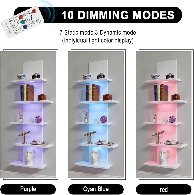 VIWODS 5 Tier Wall Shelf Unit-White Floating Shelves with Light for Home Decor, Modern Unique Asymmetric Design for Bedroom & Living Room Storage