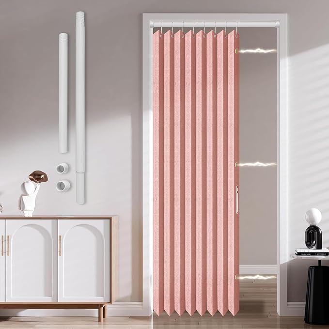 AJAZZ Accordion Interior Door Curtain 42"×78" Pink w/Free Rod, No-Drill Bedroom/Living Room Doorway
