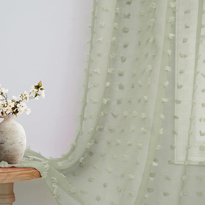 Sage Sheer Sheer Curtains 90 Inch Length 2 Panels Set for Living Room Back Tab Boho Farmhouse Pompom Drapes Floral Sheer Green Curtain for Bedroom Dining Room Lightweight Cottage French Country Rustic