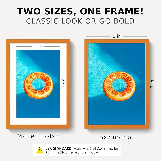 FLYJOE 5x7 Orange Picture Frame for 4x6 Photo, Minimalist Aluminum Frame | Vibrant Orange Metal Wall Frame for Gallery, Desk, or Gift Giving | Shatterproof Glass & Wall Kit