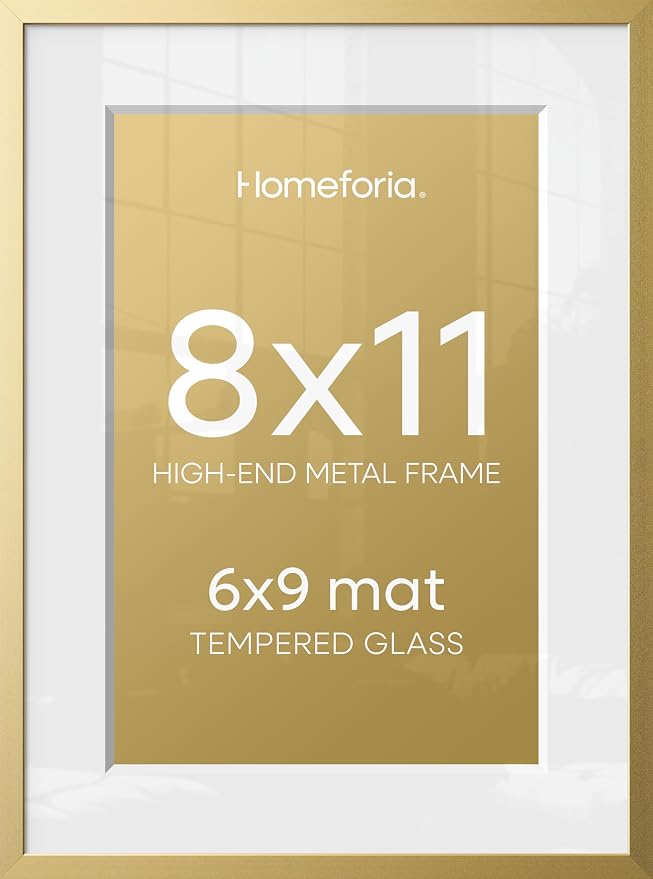 Homeforia 8x11 Picture Frame Gold, High End Metal 8 x 11 Poster Frames with Mat 6 by 9 for Photo, 11x8 Frame Matted to 6x9 inch Print, 8by11 Wall or Tabletop Frames, Tempered Glass, Wall Kit, Set of 1
