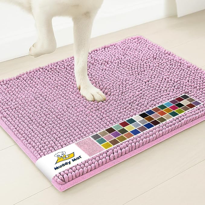 Muddy Mat® | Super Water Absorbent Door Mat Indoor, Microfiber Quick Dry Chenille Entryway Rug, Slip Resistant Front Door Mat, Indoor Mats for Entryway, Machine Washable Pet Rug, Pink 22" x 36"