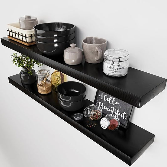 Solid Wood Floating Shelves for Wall 36 Inches Long, Black Wooden Shelf | Real Wood, 36 Inch, Heavy Duty, Wall Mounted, Bathroom Shelves Large, Bedroom Kitchen, Black Finish, 36W × 6.7D, Set of 2