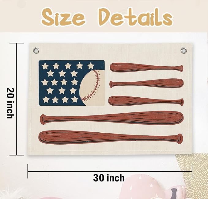 RTXLEZM Baseball Wall Decor,Vintage Boys Room Decor Canvas Banner Hanging | Patriotic Decor for Toddler Boys Kids Nursery Bedroom Playroom Classroom Teen 20x30 inch
