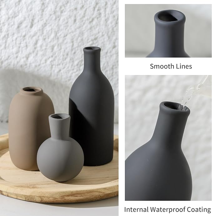 Ceramic Vase Set of 3, Rustic Farmhouse Vases Home Decor Pottery Pampas Vase Decoration Modern Neutral Flowers Vases for Room Decor, Entryway, Living Room, Table, Kitchen, Bedroom - Multicolor