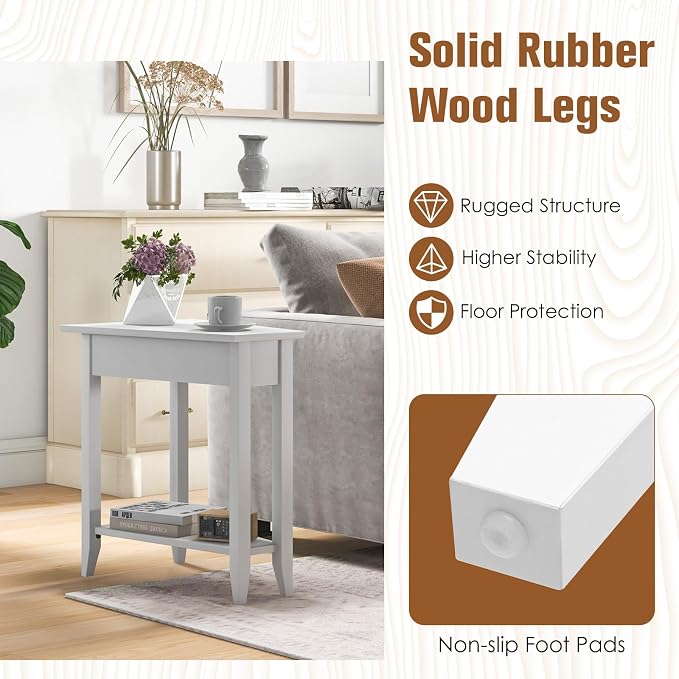 Giantex White Wedge End Table Set of 2, Triangle Side Table with Storage Shelf and Solid Wood Legs, Recliner Table, 24.5" Tall Nightstand, Modern Narrow Accent Table for Small Space Living Room