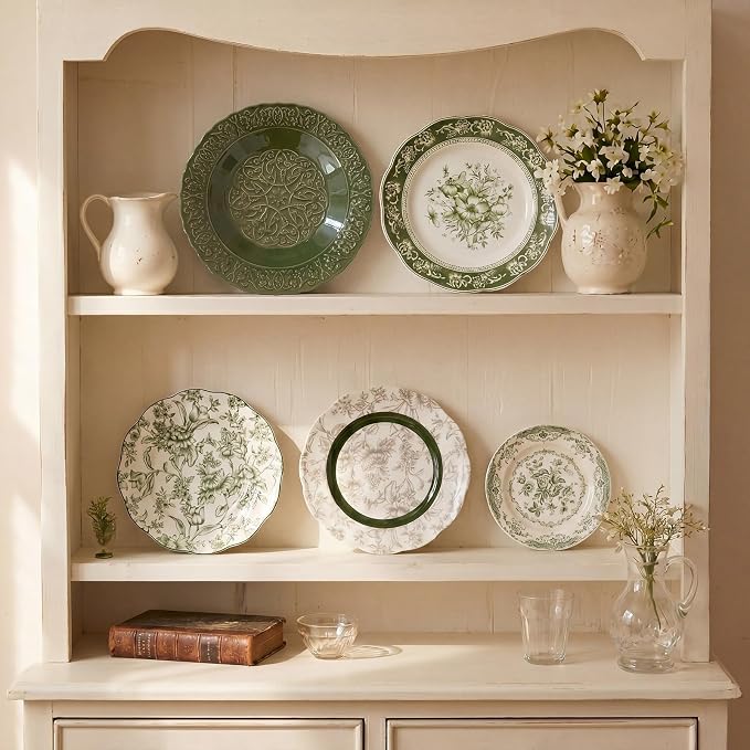 Yiyiring 5 Pcs Coastal Vintage Ceramic Wall Plates Set, Green Decoration Hanging Plates with Botanical Patterns, Holland Vintage Gifts for Wall, Home Office Art Ornament(Emerald)