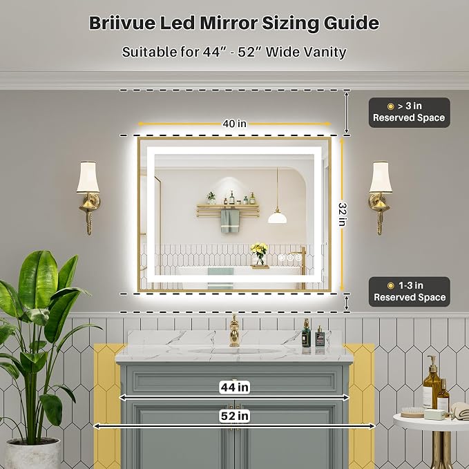 40x32 Inch LED Bathroom Mirror with Gold Frame, Backlit & Front Lit, Anti-Fog Lighted Bathroom Vanity Mirror for Wall, Memory Function, Dimmable, HD Tempered Glass, Shatter-Proof