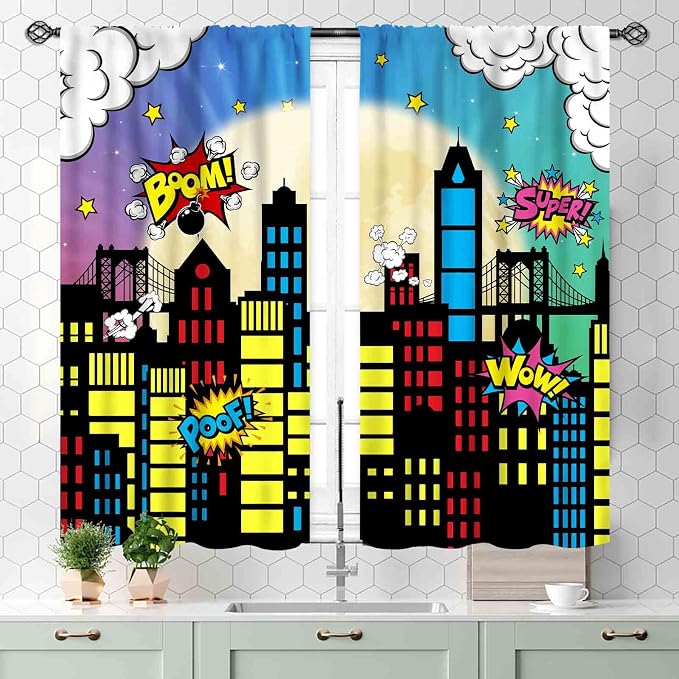 Super City Hero Curtain, Comic Style Cityscape Skyline Buildings Cartoon Window Curtains for Boys Kids Teens Baby Room Bedroom Living Nursery 2 Panel Sets, 55x39 Inch
