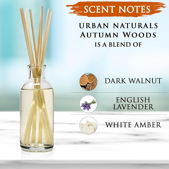 Urban Naturals Reed Diffuser Set, Autumn Woods - Bathroom Shelf Décor | Dark walnut, English Lavender and White Amber, A Fresh, Earthy, Woodsy Fall Forage Scent, Made in the USA