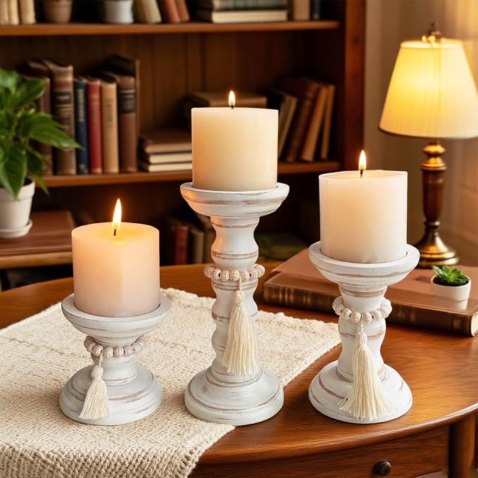 Wood Candle Holders for Pillar Set of 3 Rustic Candles Holder Tall Candlestick Stand for Farmhouse Decor Fireplace Table Centerpieces