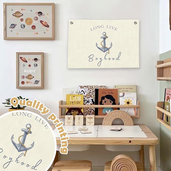 RTXLEZM Nautical Boy Nursery Decor, Long Live Boyhood Canvas Banner | Anchor Nautical Ocean Coastal Wall Art Prints for Kids Toddler Boys Nursery Room Bedroom Playroom Decor, 20x30 Inch