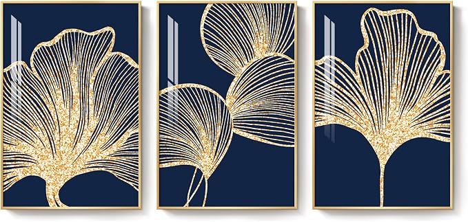 Framed Modern Luxury Wall Art for Living Room, Large Navy Blue and Gold Ginkgo Leaf Artwork for Walls, 3 Piece Contemporary Bright Style Floral Prints for Bedroom Office Hallway Wall Decor, 24x36 Inch
