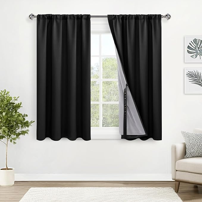 XWZO 100% Blackout Curtains 54 Inches Length with Tiebacks- Full Shade Thermal Insulated Double Layer with Black Liner for Bedroom/Living Room, Rod Pocket & Back Tab, Black, W52 x L54, Set of 2