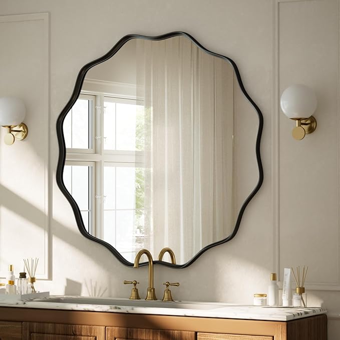 VooBang Black Scalloped Circle Mirror, 30" Wavy Edge Round Wall Mirror with Tempered Glass Textured Circular Metal Deep Frame, Hanging Leaning for Bathroom, Hallway, Entryway, Livng Room