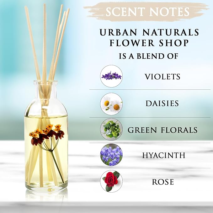 Urban Naturals Reed Diffuser Set, Flower Shop - Bathroom Shelf Décor | Violets, Daisies, Hyacinth & Rose Fragrance Notes, Real Flower inside the Bottle Made in the USA, Great Gift for Mom