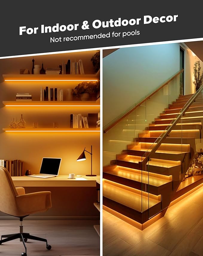 Shine Decor COB LED Rope Light AC 120V, 800lm Ultra Bright, IP65 Waterproof Cold-Resistant ETL Neon Strip, No Driver Tape Lighting for Home Commercial 10x4.5mm, Amber, 32.8ft