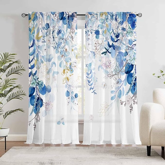 Blue Botanical Curtains 96 Inches Long for Living Room Watercolor Eucalyptus Leaves Light Filtering Curtains Spring Summer Blue and White Drapes for Bedroom Farmhouse Leaf Floral Printed Door Curtain