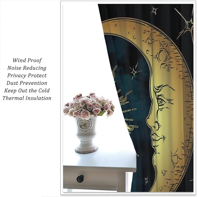 Sun Moon Blackout Windows Curtains, Boho Chic Art Golden Sun Moon and Stars Over Blue Black Sky Antique Style Curtains, for Living Room Bedroom 42x54in 2 Panels