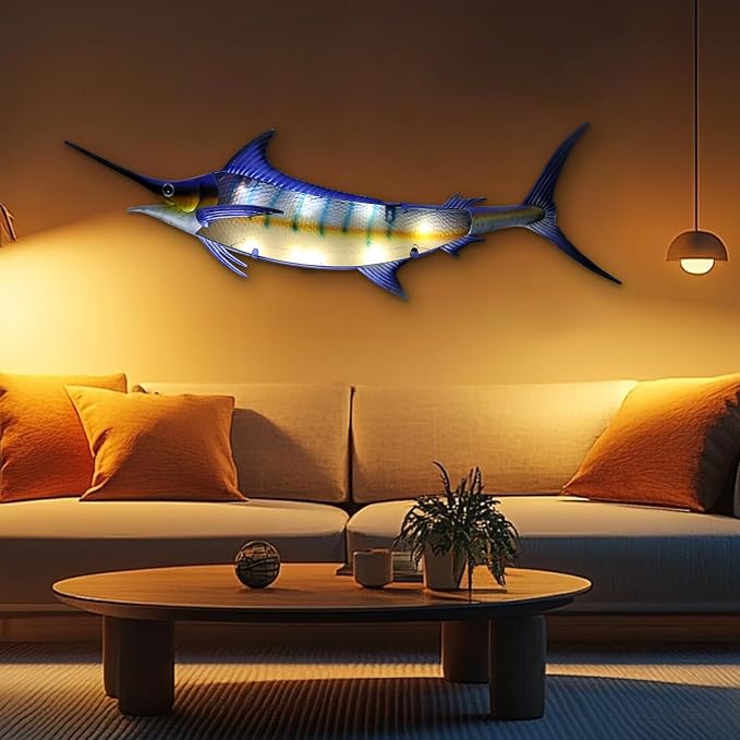 LIFFY Metal Fish Wall Decor,36" Large Marlin Wall Decor with Led Lights,Indoor Outdoor Mounted Ocean Hanging Decorations for Garden Patio Living Room Bedroom,Gift for Home Decor & Nautical Lover