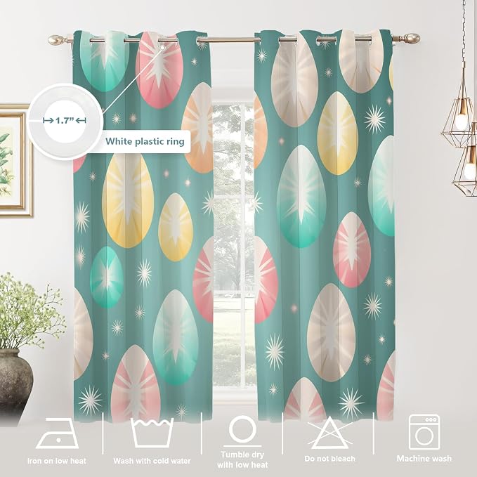 Shrahala Easter Eggs Stars Thermal Insulated Blackout Window Curtains, Colorful Easter Egg Pattern Long Drapes for Bedroom/Living Room with Plastic Grommet, 52X63 Set of 2