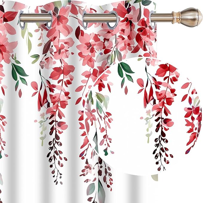 Red Watercolor Floral Curtains, 52x63 inch, 2 Panels | Botanical Leaves Vine Flowers, Rustic Farmhouse Style, Blackout Window Treatment, For Bedroom Living Room