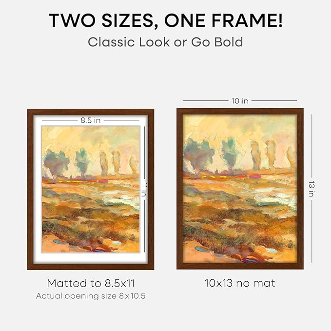Homeforia 10x13 Brown Picture Frame, High End Dark Oak 10x13 Walnut Poster Frame with Mat 8.5x11, 10 x 13 Wooden Frames Matted to 8 by 10 inch Photo, 13x10 Frames, Tempered Glass, Wall Kit, Set of 3