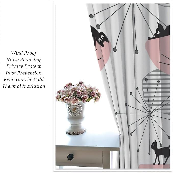 JESTRONRY Mid Century Cat Curtains, Pink Atomic Abstract Geometric 1950s 1960s Retro Style Rod Sleeves Window Drapes for Bedroom Living Room Home Decor 42x45in