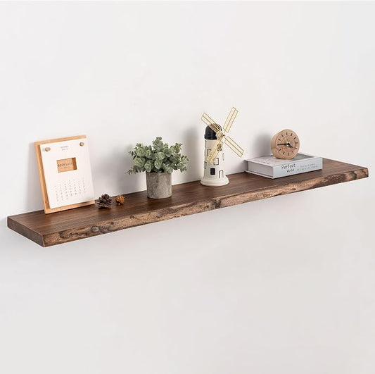 Live Edge Floating Shelf, 40 Inch Solid Elm Wood - Vintage Rustic Wood Wall Shelf with Invisible Brackets for Living Room, Kitchen, Bathroom